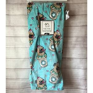 Pickle & Dot Mint Green Pug Dog Throw Blanket Cappuccino Coffee Cup Plush 60x70"